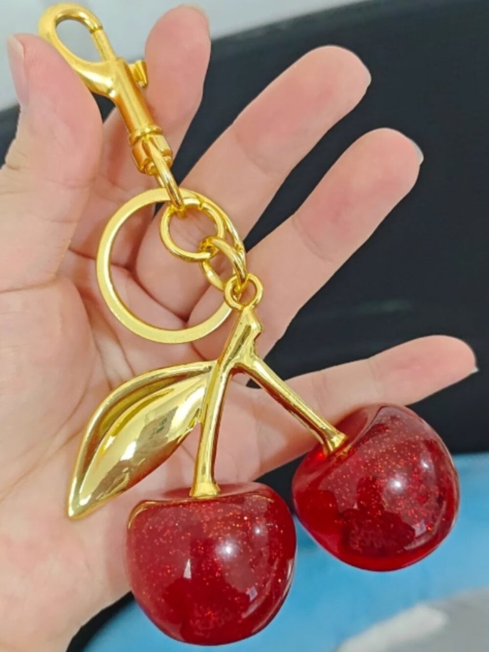 Gold Cherry Keychain with Red Glitter Cherries